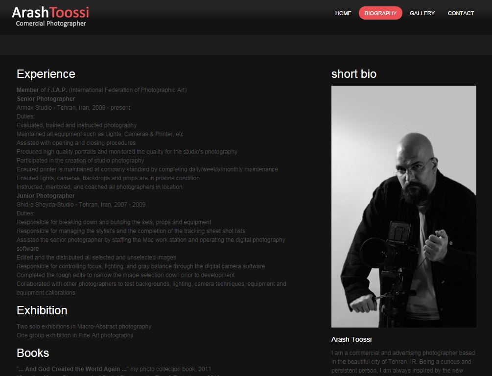 وب سایت آرش توسی - صفحه بیوگرافی